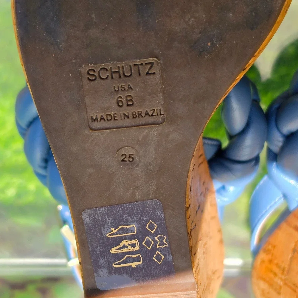 Schutz Blue Braided Leather Cork Wedge Platform Sandals Womens 6B Made in Brazil